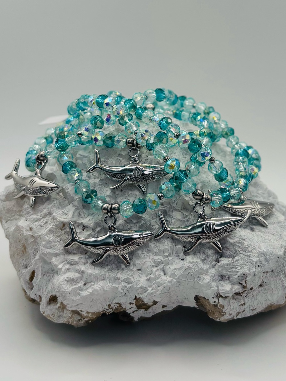 *ANKLET* S. Steel Silver Shark with Blue Crystal Stretchy Anklet - Picture 7 of 7